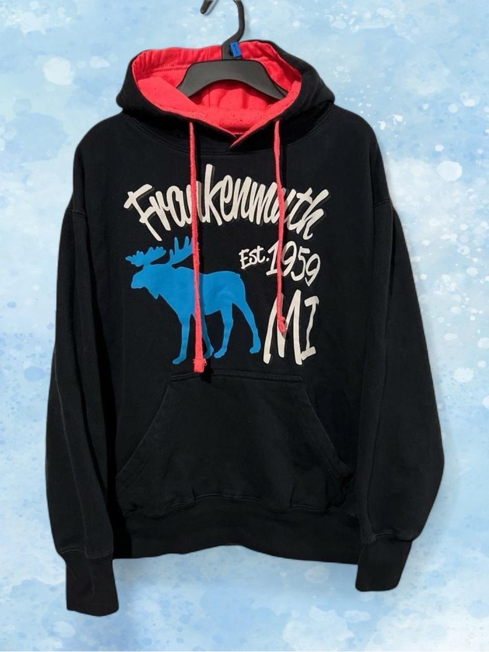 Frankenmuth Michigan Moose Graphic Hoodie Black Pink Blue Pullover Y2K Size M